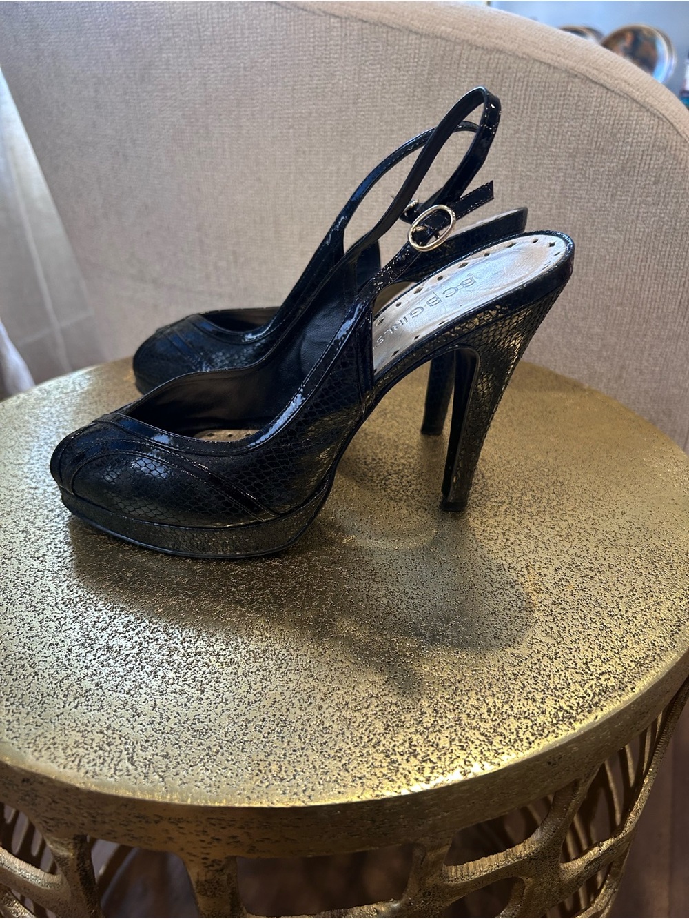 BCBGirls black snakeskin open toe heels